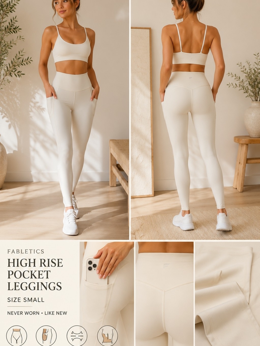 Fabletics Ivory Cream Pocket Leggings High Rise Size Small NWOT